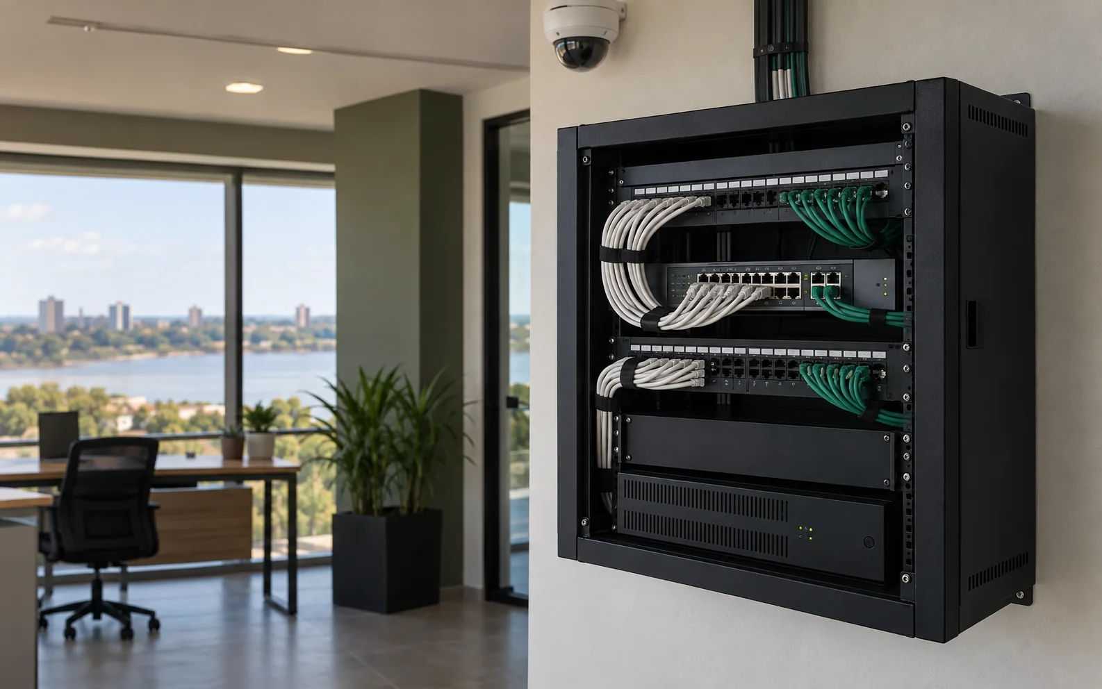 Gabinete de red instalado junto a una cámara de seguridad en una oficina