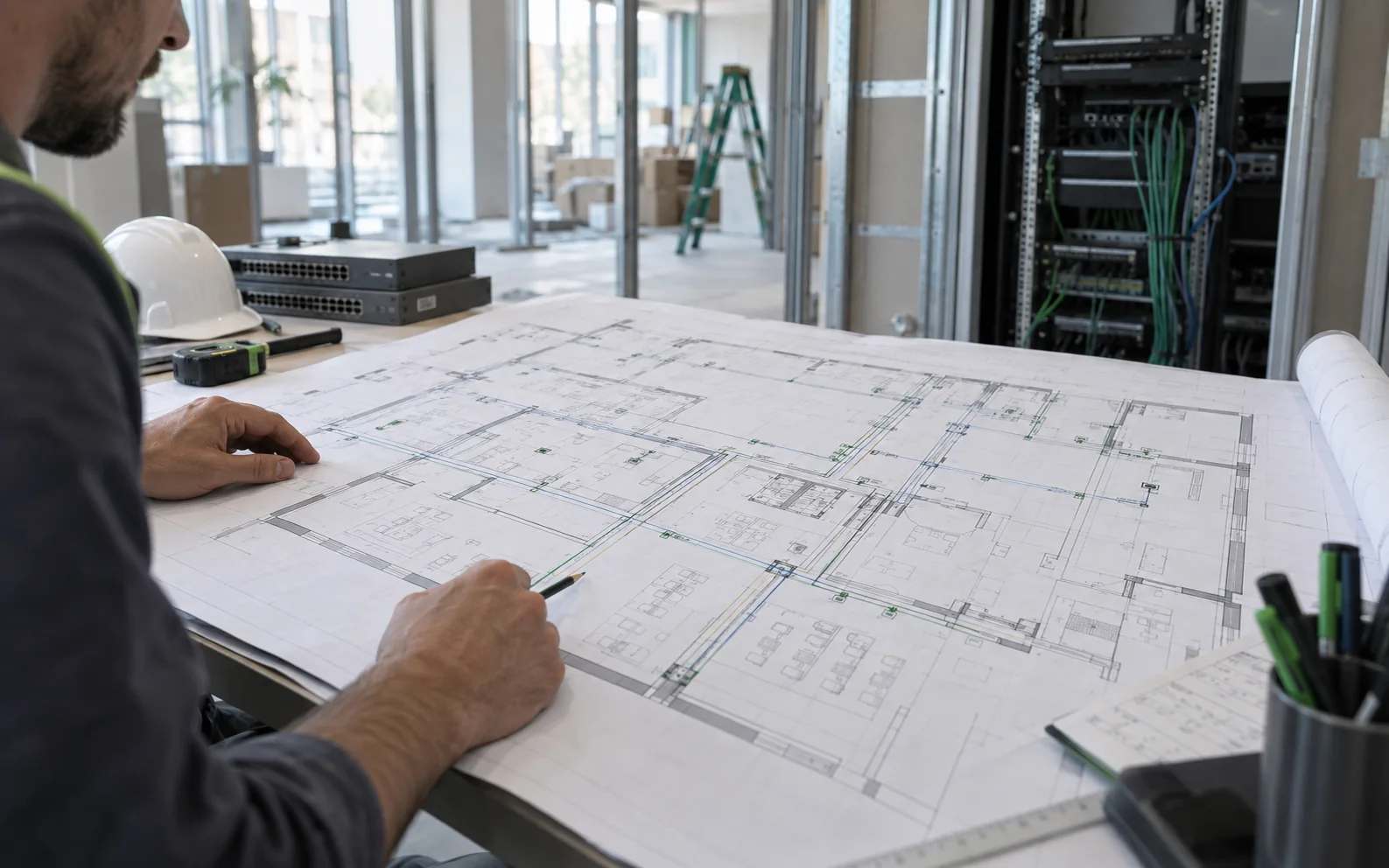 Profesional revisando un plano de cableado de datos con puntos de red, recorridos y ubicación de gabinete de comunicaciones.