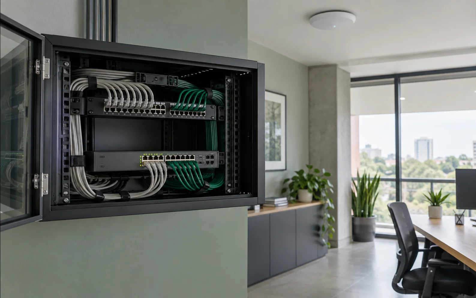 Gabinete de red ordenado con patch panel, switch y punto de acceso instalado.
