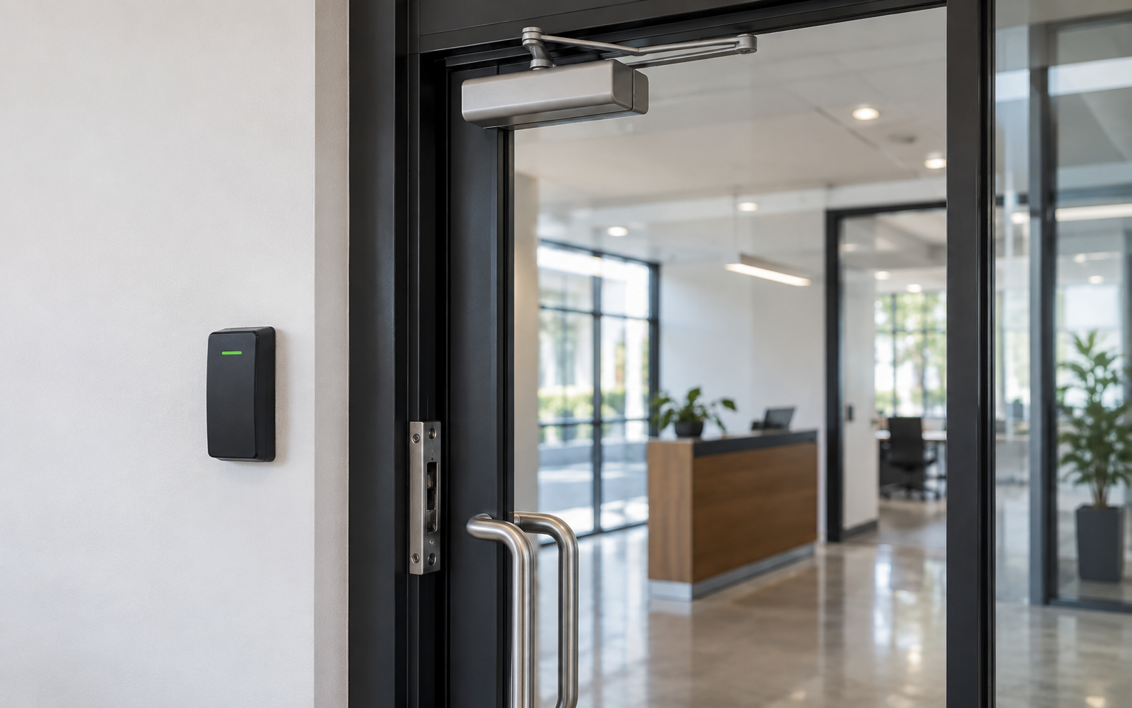 Lector de acceso instalado junto a una puerta de oficina