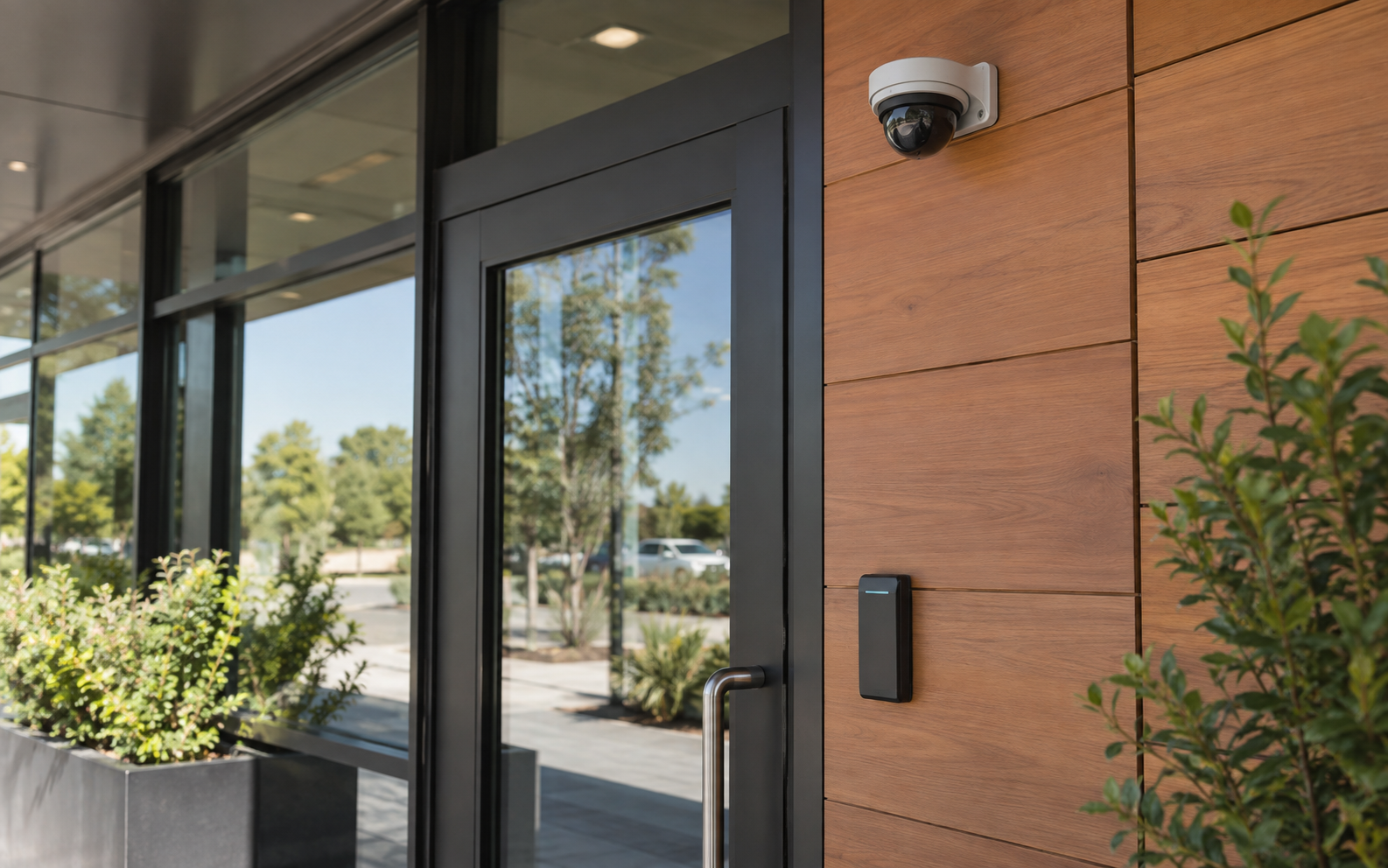 Camara y lector de acceso integrados en una entrada comercial